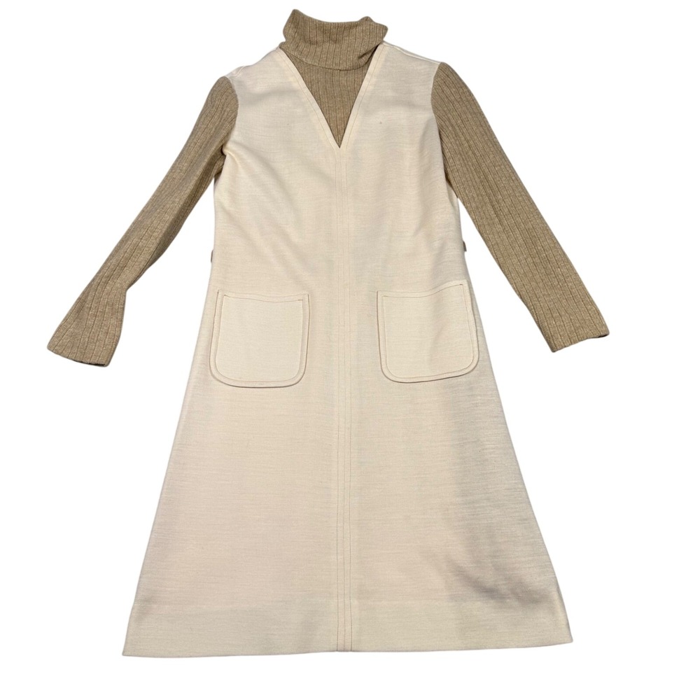 Vintage Carlye Mod Jumper Dress 14 Tan Cream Turtleneck ILGWU Union Made 60s 70s